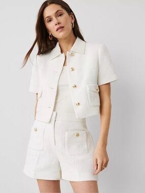 Ann Taylor Cream Textured Short-Sleeve Cropped Jacket with Gold Buttons